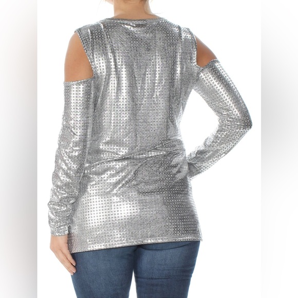 NWT - MICHAEL Michael Kors Metallic Cold-Shoulder Long Sleeve Top Size Medium - Picture 7 of 9
